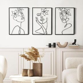 Remenna Minimalist Decor Aesthetic Wall Art Decor Modern Abstract One Line Women Body Face Art Large Metal Wall Decor for Living Room Bedroom Bathroom Set of 3 (Black)