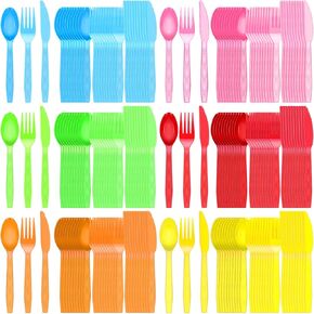 Hoolerry 180 Pcs Neon Party Plastic Cutlery Set Includes Neon Plastic Forks Neon Plastic Spoons Neon Plastic Knives Disposable Plastic Silverware Sets for Parties Colored Party Utensil, 6 Colors