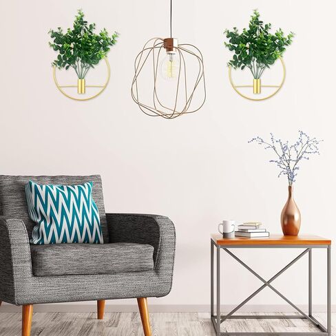 مجموعة من نباتين صناعيين مع حلقة تعليق دائرية معدنية ذهبية لديكور الحائط، ونباتات وهمية خضراء مثبتة على الحائط في حلقة معدنية لديكور المنزل الحديث، وديكور حائط لغرفة النوم، وغرفة المعيشة (ذهبي) in Kuwait