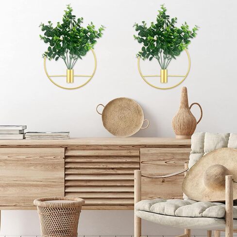 مجموعة من نباتين صناعيين مع حلقة تعليق دائرية معدنية ذهبية لديكور الحائط، ونباتات وهمية خضراء مثبتة على الحائط في حلقة معدنية لديكور المنزل الحديث، وديكور حائط لغرفة النوم، وغرفة المعيشة (ذهبي) in Kuwait