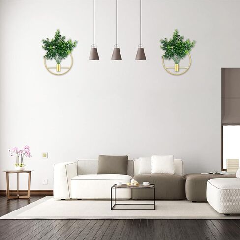 مجموعة من نباتين صناعيين مع حلقة تعليق دائرية معدنية ذهبية لديكور الحائط، ونباتات وهمية خضراء مثبتة على الحائط في حلقة معدنية لديكور المنزل الحديث، وديكور حائط لغرفة النوم، وغرفة المعيشة (ذهبي) in Kuwait