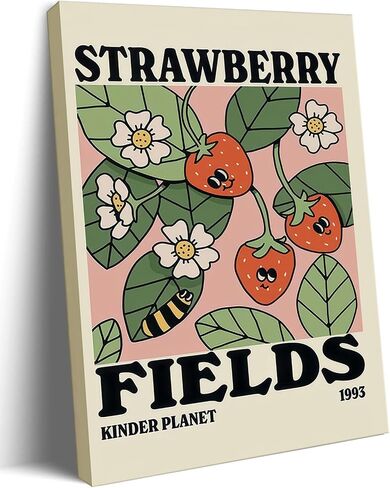 SVRXART Strawberry Fields Wall Art Framed，Cute Vintage Poster，Abstract Aesthetic Room Wall Decor，Colorful Botanical Canvas Print，Retro Picture Painting for Bedroom Living Room 12"x16" in Saudi Arabia