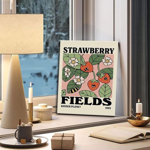 SVRXART Strawberry Fields Wall Art Framed，Cute Vintage Poster，Abstract Aesthetic Room Wall Decor，Colorful Botanical Canvas Print，Retro Picture Painting for Bedroom Living Room 12"x16" in Saudi Arabia