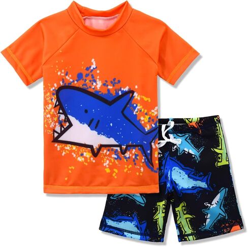 Boys Two Piece Rash Guard Swimsuits Kids Short Sleeve Sunsuit Swimwear Sets in Saudi Arabia