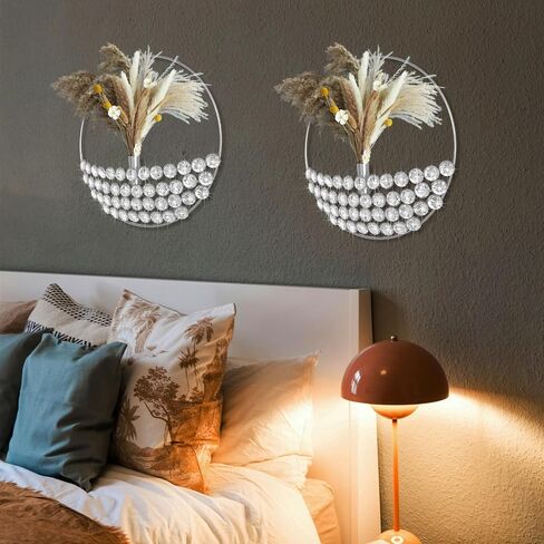 ZEXUIRU 2 Set Round Metal Vase Wall Decor with Rhinestone Hanging Planter Wall Mounted Pampas Holder Display Bling Diamond Flower Vase Decoration for Living Room Bedroom Office Black in Saudi Arabia