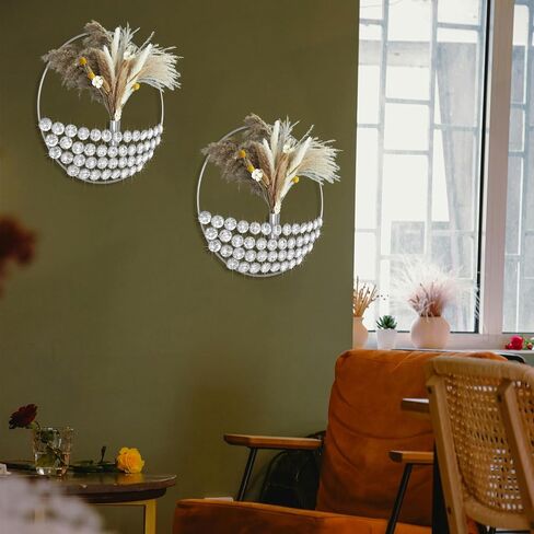 ZEXUIRU 2 Set Round Metal Vase Wall Decor with Rhinestone Hanging Planter Wall Mounted Pampas Holder Display Bling Diamond Flower Vase Decoration for Living Room Bedroom Office Black in Saudi Arabia