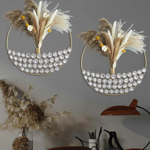 ZEXUIRU 2 Set Round Metal Vase Wall Decor with Rhinestone Hanging Planter Wall Mounted Pampas Holder Display Bling Diamond Flower Vase Decoration for Living Room Bedroom Office Black in Saudi Arabia