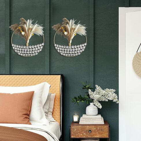 ZEXUIRU 2 Set Round Metal Vase Wall Decor with Rhinestone Hanging Planter Wall Mounted Pampas Holder Display Bling Diamond Flower Vase Decoration for Living Room Bedroom Office Black in Saudi Arabia