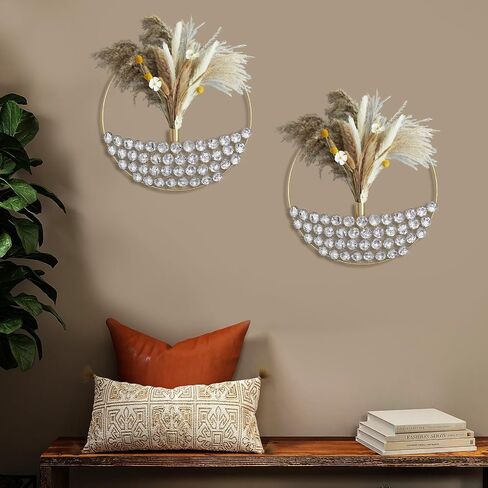 ZEXUIRU 2 Set Round Metal Vase Wall Decor with Rhinestone Hanging Planter Wall Mounted Pampas Holder Display Bling Diamond Flower Vase Decoration for Living Room Bedroom Office Black in Saudi Arabia