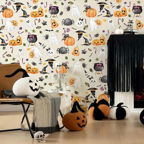 HLNIUC Happy Halloween Wall Decals 55PCS Lovely Halloween Wall Sticker Peel and Stick Bat Ghost Window Decor Stickers Halloween Themed Candy Pumpkin Room Art Decal Gift for Kid Bedroom Halloween Party in Saudi Arabia