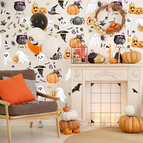 HLNIUC Happy Halloween Wall Decals 55PCS Lovely Halloween Wall Sticker Peel and Stick Bat Ghost Window Decor Stickers Halloween Themed Candy Pumpkin Room Art Decal Gift for Kid Bedroom Halloween Party in Saudi Arabia