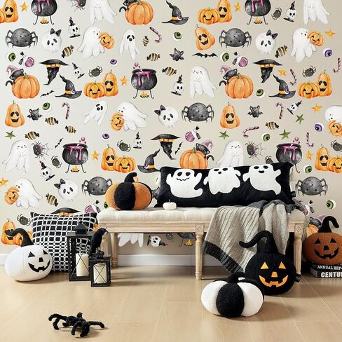 HLNIUC Happy Halloween Wall Decals 55PCS Lovely Halloween Wall Sticker Peel and Stick Bat Ghost Window Decor Stickers Halloween Themed Candy Pumpkin Room Art Decal Gift for Kid Bedroom Halloween Party in Saudi Arabia