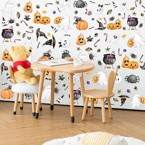 HLNIUC Happy Halloween Wall Decals 55PCS Lovely Halloween Wall Sticker Peel and Stick Bat Ghost Window Decor Stickers Halloween Themed Candy Pumpkin Room Art Decal Gift for Kid Bedroom Halloween Party in Saudi Arabia
