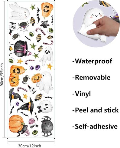 HLNIUC Happy Halloween Wall Decals 55PCS Lovely Halloween Wall Sticker Peel and Stick Bat Ghost Window Decor Stickers Halloween Themed Candy Pumpkin Room Art Decal Gift for Kid Bedroom Halloween Party in Saudi Arabia