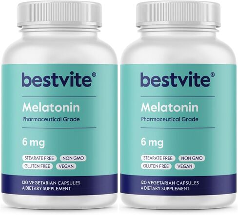 BESTVITE ميلاتونين 6 ملغ - 120 كبسولة نباتية - بدون ستيرات - بدون سكرالوز، بدون دكستروز، بدون ثاني أكسيد السيليكون، بدون مانيتول - نباتي - غير معدل وراثيًا - خالي من الغلوتين in Kuwait