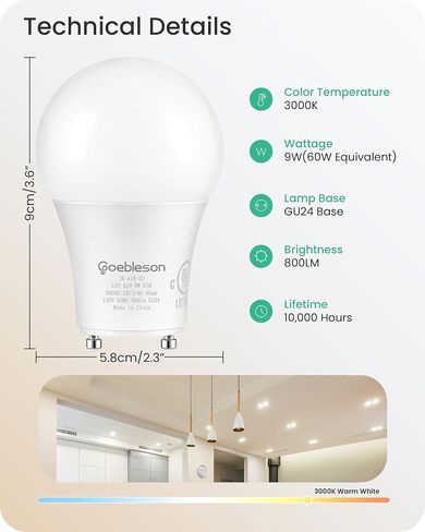 4 مصابيح LED GU24 LED، 2 لمبات إضاءة شوكية، 60 وات لمبات LED مكافئة، 800LM قابلة للتعتيم، ضوء نهاري 5000K، 2 دبوس GU24 LED لمبات، 9W GU24 قاعدة قفل تويست، مدرج في قائمة UL C18GU2405 in Kuwait