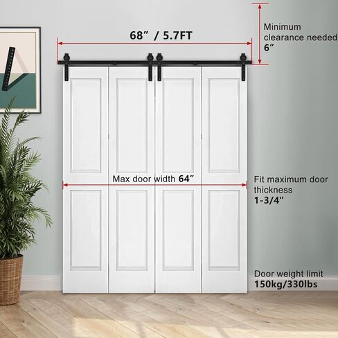 68"/5.7FT Bi-Folding Sliding Barn Door Hardware Track Kit for 4 Closet Door, Side Mount Roller, Heavy Duty, Slide Smoothly Quietly, Easy Install, Black(No Door) in Saudi Arabia