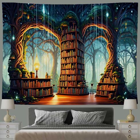 Ine Ive Enchanted Forest نسيج مكتبة الخيال نسيج الجدار شنقا 80 × 60 بوصة رف الكتب السحري الجنية العجائب بطانية الجدار لديكور المنزل النوم GTMRIE0271 in Kuwait