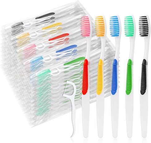 100Packs Disposable Toothbrushes with Floss,Single Use Individually Wrapped Disposable Travel Toothbrushes and Dental Floss Kit Bulk for Homeless,Airbnb,Dentist,Hotel(5 Colors) in Kuwait