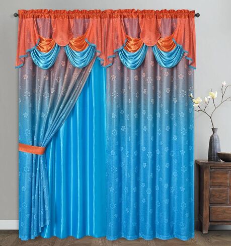 GOHD Fancy Fantasy. 2-Tone Ombre Print Warp Knitted Voile Window Curtain with Attached Fancy Valance and Taffeta Backing. 2pcs Set. Each pc 54" Wide x 90" Drop with 18" Valance. (Orange - Blue) in Saudi Arabia