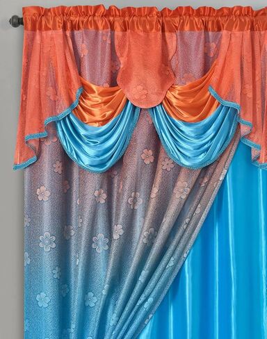 GOHD Fancy Fantasy. 2-Tone Ombre Print Warp Knitted Voile Window Curtain with Attached Fancy Valance and Taffeta Backing. 2pcs Set. Each pc 54" Wide x 90" Drop with 18" Valance. (Orange - Blue) in Saudi Arabia