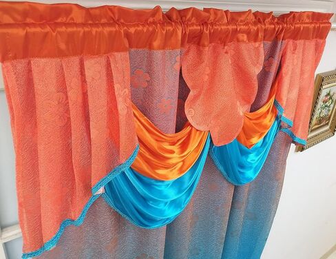 GOHD Fancy Fantasy. 2-Tone Ombre Print Warp Knitted Voile Window Curtain with Attached Fancy Valance and Taffeta Backing. 2pcs Set. Each pc 54" Wide x 90" Drop with 18" Valance. (Orange - Blue) in Saudi Arabia
