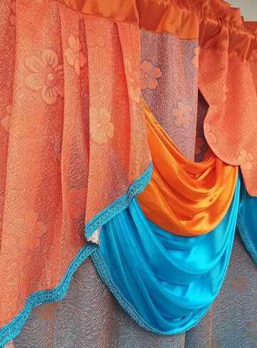 GOHD Fancy Fantasy. 2-Tone Ombre Print Warp Knitted Voile Window Curtain with Attached Fancy Valance and Taffeta Backing. 2pcs Set. Each pc 54" Wide x 90" Drop with 18" Valance. (Orange - Blue) in Saudi Arabia