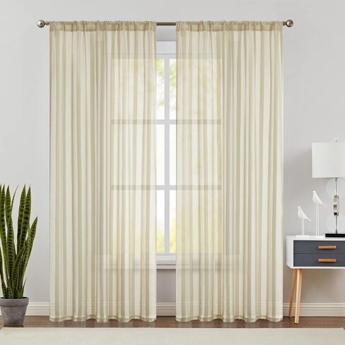 ستائر جينشان الشفافة المخططة لغرفة النوم وغرفة المعيشة ومعالجة النوافذ، ستائر قضيب الجيب، ستائر شفافة لنافذة بطول 63 بوصة مكونة من لوحتين مجموعة ستائر باللون البيج in Kuwait