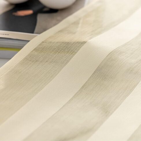 ستائر جينشان الشفافة المخططة لغرفة النوم وغرفة المعيشة ومعالجة النوافذ، ستائر قضيب الجيب، ستائر شفافة لنافذة بطول 63 بوصة مكونة من لوحتين مجموعة ستائر باللون البيج in Kuwait