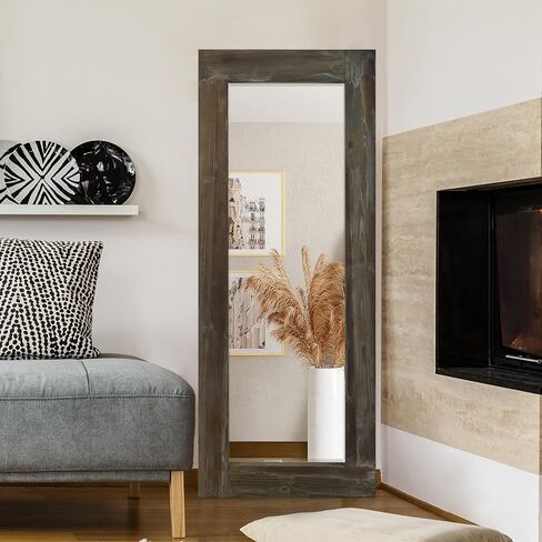 NeuType 58"x24" Rustic Full Length Mirror Vintage Wood Framed Large Bedroom Mirror Floor Mirror Farmhouse Wall Mounted Mirror Hanging or Leaning Against Wall, Distressed Brown Solid Wood in Saudi Arabia