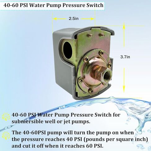 مفتاح ضغط لمضخة الآبار، مفتاح ضغط المياه 40-60 رطل لكل بوصة مربعة تفاضلي قابل للتعديل، مفتاح ضغط مضخة الآبار، مفتاح مضخة المياه، 1/4 بوصة أنثى NPT، مفتاح ضغط مضخة المياه. ضمان 3 سنوات in Kuwait