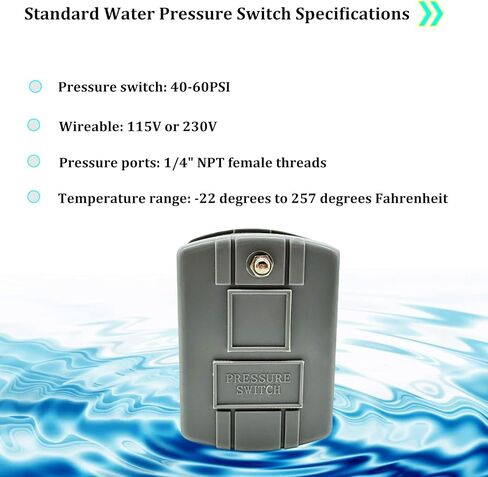 مفتاح ضغط لمضخة الآبار، مفتاح ضغط المياه 40-60 رطل لكل بوصة مربعة تفاضلي قابل للتعديل، مفتاح ضغط مضخة الآبار، مفتاح مضخة المياه، 1/4 بوصة أنثى NPT، مفتاح ضغط مضخة المياه. ضمان 3 سنوات in Kuwait