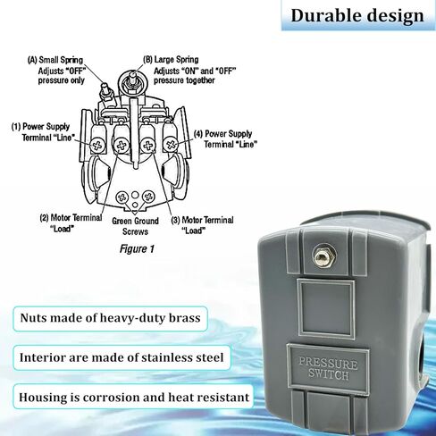 مفتاح ضغط لمضخة الآبار، مفتاح ضغط المياه 40-60 رطل لكل بوصة مربعة تفاضلي قابل للتعديل، مفتاح ضغط مضخة الآبار، مفتاح مضخة المياه، 1/4 بوصة أنثى NPT، مفتاح ضغط مضخة المياه. ضمان 3 سنوات in Kuwait