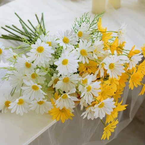 NatureMan Artificial Flowers 12 Bundles Artificial Silk Daisy UV Resistant Outdoor Fake Wildflowers with Stems Daisy Arrangements for Home Hotel Office Garden Decoration (White, Yellow) in Kuwait