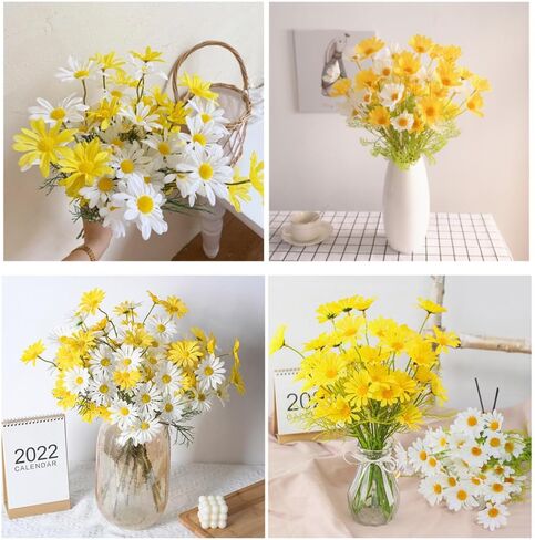NatureMan Artificial Flowers 12 Bundles Artificial Silk Daisy UV Resistant Outdoor Fake Wildflowers with Stems Daisy Arrangements for Home Hotel Office Garden Decoration (White, Yellow) in Kuwait