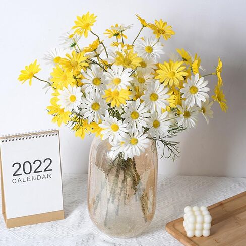 NatureMan Artificial Flowers 12 Bundles Artificial Silk Daisy UV Resistant Outdoor Fake Wildflowers with Stems Daisy Arrangements for Home Hotel Office Garden Decoration (White, Yellow) in Kuwait