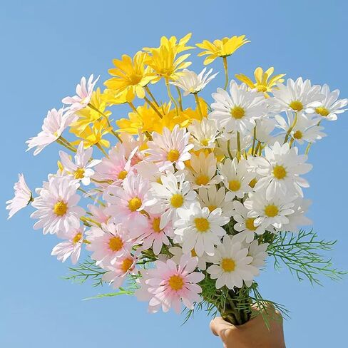 NatureMan Artificial Flowers 12 Bundles Artificial Silk Daisy UV Resistant Outdoor Fake Wildflowers with Stems Daisy Arrangements for Home Hotel Office Garden Decoration (White, Yellow) in Saudi Arabia