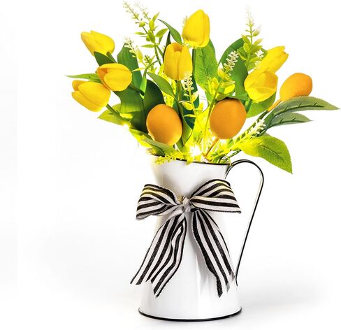 Valery Madelyn Lemon and Tulips Artificial Flowers Centerpieces for Tables Spring Summer Decor, Pre-Lit Yellow Fake Flowers in Vase Floral Arrangements for Anniversary Coffee Dinner Table, 14.9" in Saudi Arabia