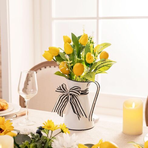 Valery Madelyn Lemon and Tulips Artificial Flowers Centerpieces for Tables Spring Summer Decor, Pre-Lit Yellow Fake Flowers in Vase Floral Arrangements for Anniversary Coffee Dinner Table, 14.9" in Saudi Arabia