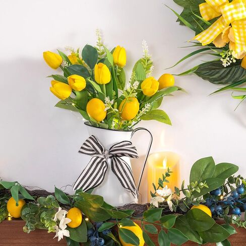 Valery Madelyn Lemon and Tulips Artificial Flowers Centerpieces for Tables Spring Summer Decor, Pre-Lit Yellow Fake Flowers in Vase Floral Arrangements for Anniversary Coffee Dinner Table, 14.9" in Saudi Arabia