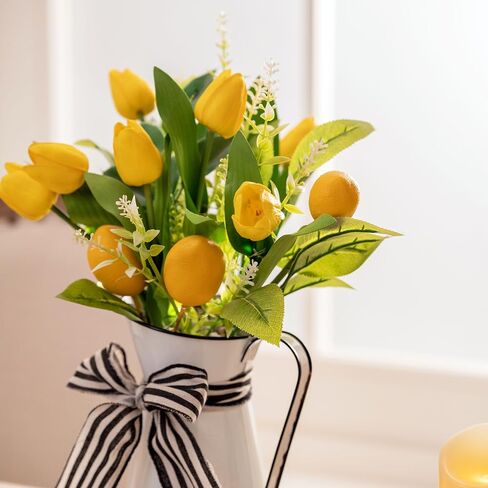 Valery Madelyn Lemon and Tulips Artificial Flowers Centerpieces for Tables Spring Summer Decor, Pre-Lit Yellow Fake Flowers in Vase Floral Arrangements for Anniversary Coffee Dinner Table, 14.9" in Saudi Arabia