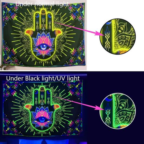 Spiritual Blacklight Tapestry UV Reactive, Trippy Hamsa Hand Evil Eye Mandala Black Light Art Poster for Men Room Bedroom, Psychedelic Bohemian Meditation Glow in the Dark Blanket Party Decor (60X40) in Saudi Arabia