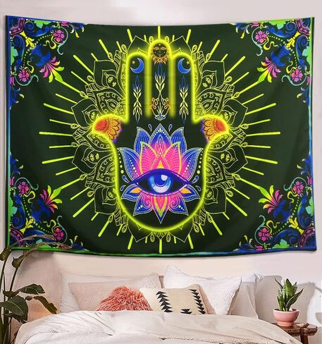 Spiritual Blacklight Tapestry UV Reactive, Trippy Hamsa Hand Evil Eye Mandala Black Light Art Poster for Men Room Bedroom, Psychedelic Bohemian Meditation Glow in the Dark Blanket Party Decor (60X40) in Saudi Arabia