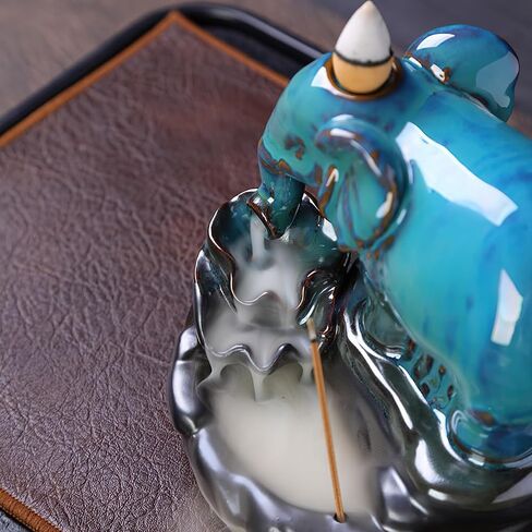 مبخرة بتدفق خلفي على شكل فيل، حامل بخور شلال من السيراميك مع 60 مخروط بخور بتدفق خلفي و30 عصا بخور، حصيرة، ملاقط، ديكور منزلي للعلاج العطري للاسترخاء المنزلي/ديكور زن in Kuwait