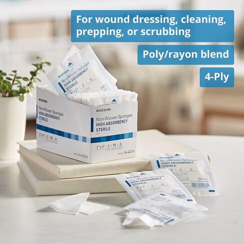 McKesson Non-Woven Sponges, Sterile, 4-Ply, High Absorbency, Polyester / Rayon, 2 in x 2 in, 2 Per Pack, 50 Packs, 100 Total in Saudi Arabia