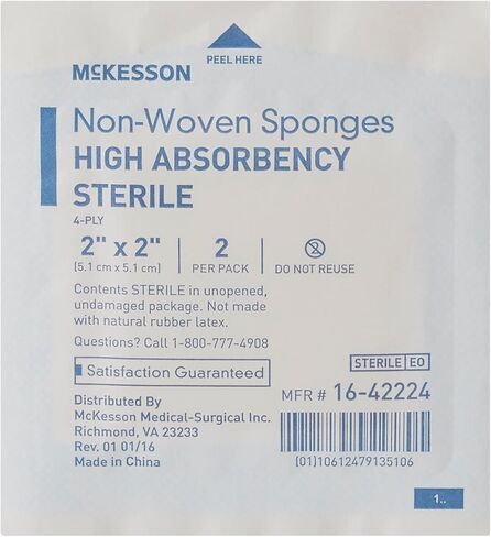 McKesson Non-Woven Sponges, Sterile, 4-Ply, High Absorbency, Polyester / Rayon, 2 in x 2 in, 2 Per Pack, 50 Packs, 100 Total in Saudi Arabia