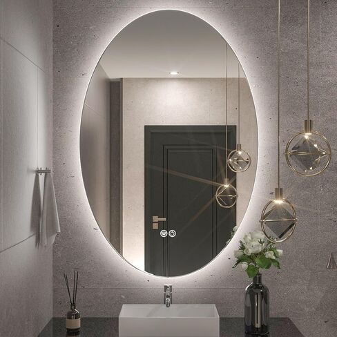 مرآة بيضاوية بإضاءة خلفية مقاس 24 × 32 بوصة من TETOTE للحمام، مرآة زينة LED للمكياج، قابلة للتعتيم، مرآة حديثة مضادة للضباب مع مرآة مثبتة على الحائط in Kuwait
