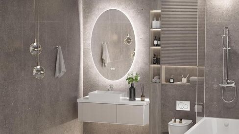 مرآة بيضاوية بإضاءة خلفية مقاس 24 × 32 بوصة من TETOTE للحمام، مرآة زينة LED للمكياج، قابلة للتعتيم، مرآة حديثة مضادة للضباب مع مرآة مثبتة على الحائط in Kuwait