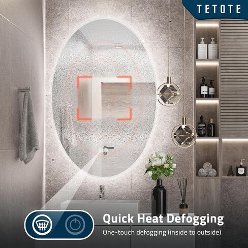 مرآة بيضاوية بإضاءة خلفية مقاس 24 × 32 بوصة من TETOTE للحمام، مرآة زينة LED للمكياج، قابلة للتعتيم، مرآة حديثة مضادة للضباب مع مرآة مثبتة على الحائط in Kuwait