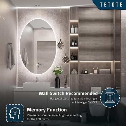 مرآة بيضاوية بإضاءة خلفية مقاس 24 × 32 بوصة من TETOTE للحمام، مرآة زينة LED للمكياج، قابلة للتعتيم، مرآة حديثة مضادة للضباب مع مرآة مثبتة على الحائط in Kuwait